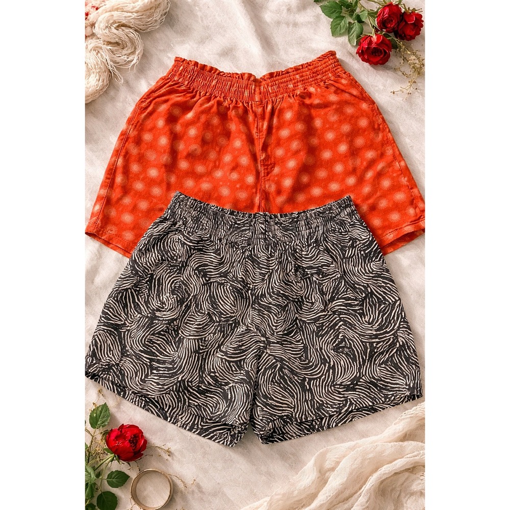 2‎ Pairs Target Linen Blend Sz M Shorts Sun Print & Wave Print Elastic Waist